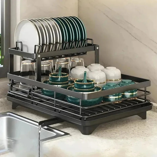 Dish Drying Rack Adjustable Kitchen Plates Organizer with Drainboard